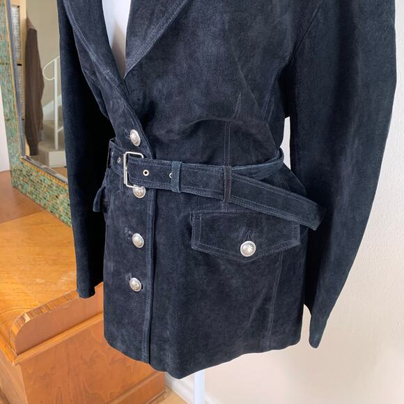 Vintage Jacquelyn Ferrar Size XL Black Suede Leather Belted Jacket Button Front - Picture 8 of 14